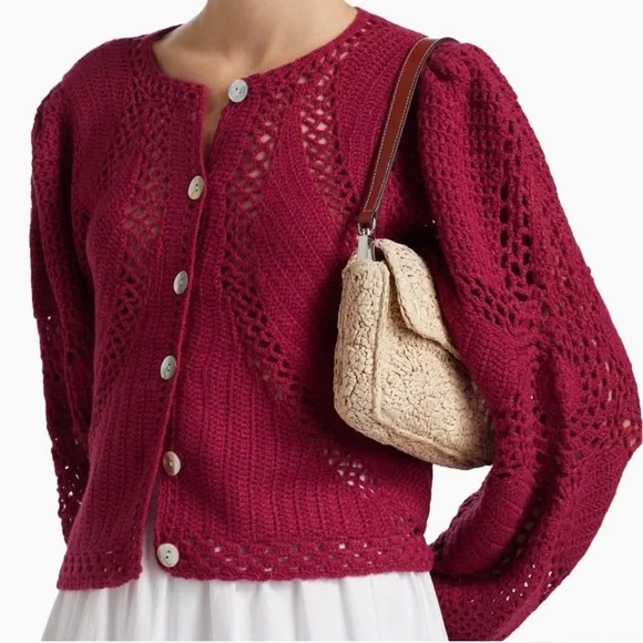 New! FARM Rio Flower Crochet Knit Burgundy Rec Cardigan ♥️ Small NWT! - Picture 3 of 12